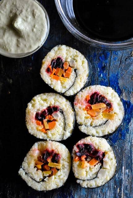 Millet Sushi with Roasted Root Vegetables and Broccoli Cream