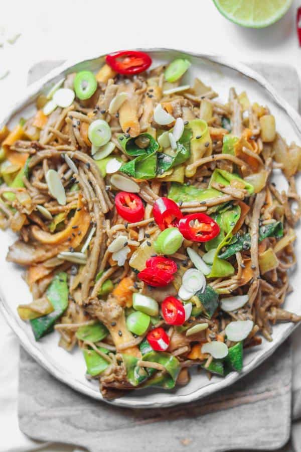 Miso Tahini Soba Noodle Stir-Fry with Oyster Mushrooms
