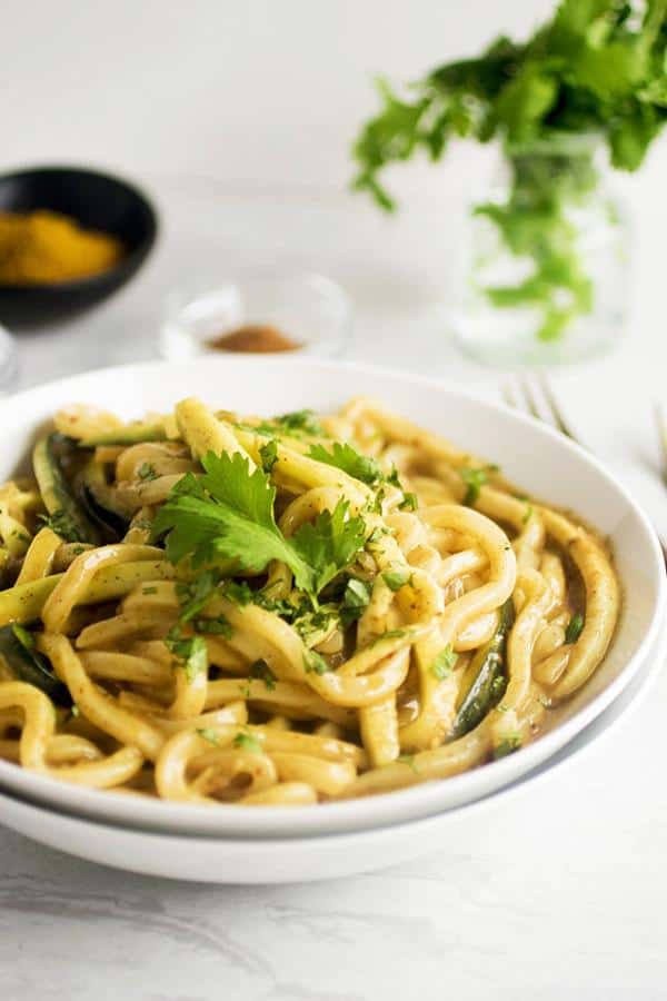One Pot Udon and Zucchini Noodle Curry Bowls