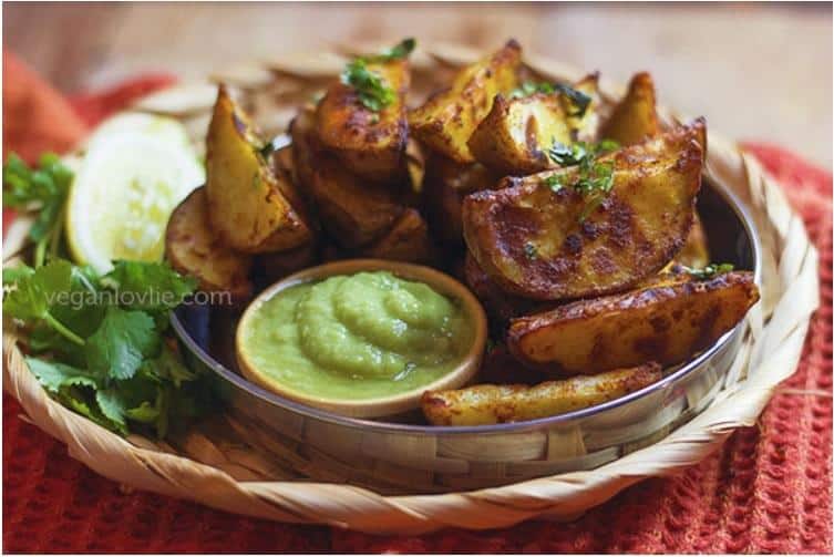 Oven Baked Crispy Potato Wedges with Tandoori Masala Rub and Cucumber Avocado Lime Dip
