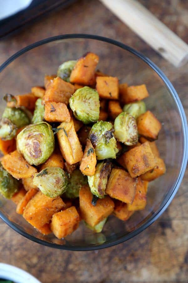 Oven Roasted Sweet Potatoes and Brussels Sprouts