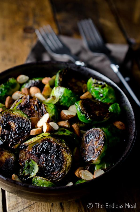 Pan Seared Brussels Sprouts with Toasted Almonds and Balsamic