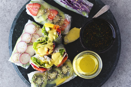 Rainbow Spring Rolls with Mango, Basil and Lime Tahini Cream with Ginger and Sesame Soy Sauce