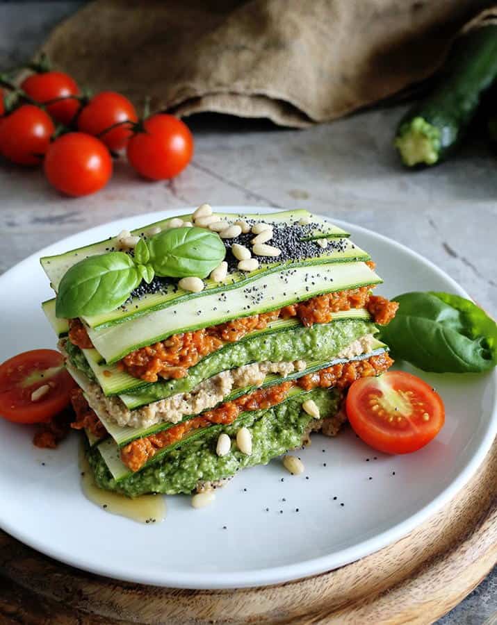 Raw Vegan Lasagne with Cashew-Almond, Pesto and Tomato Layers