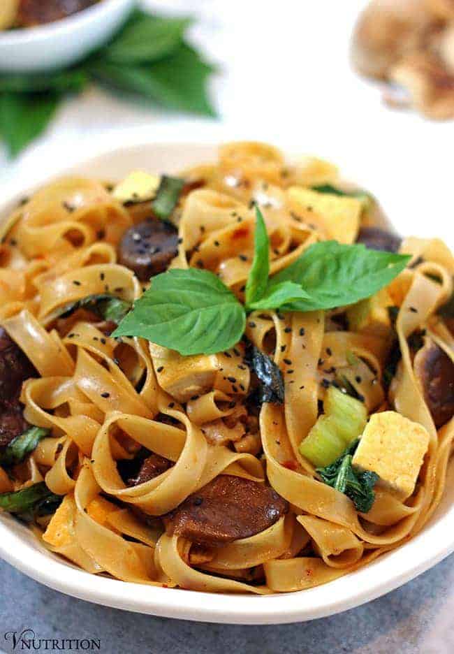 Thai Basil Noodles with Mushrooms, Bok Choy and Tofu