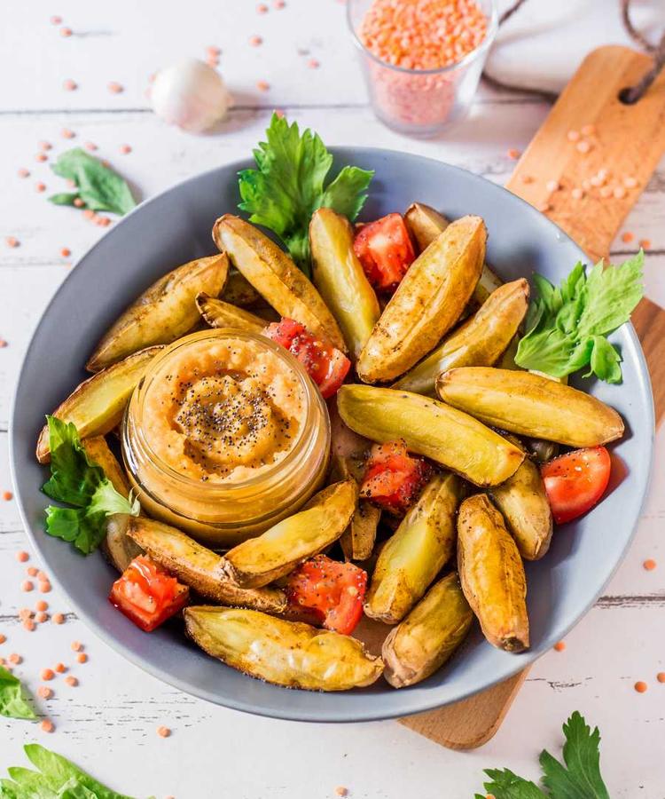 Oven-Baked Potato Fries With Lentil Hummus