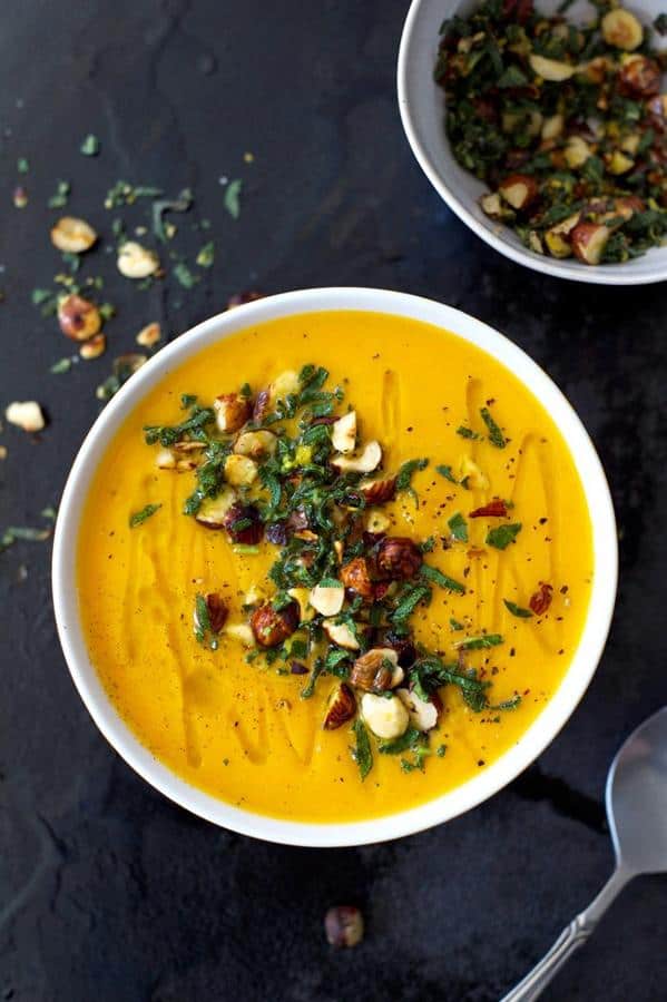Roasted Butternut and Garlic Soup with Sage and Hazelnuts