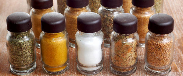 A variety of spices in bottles