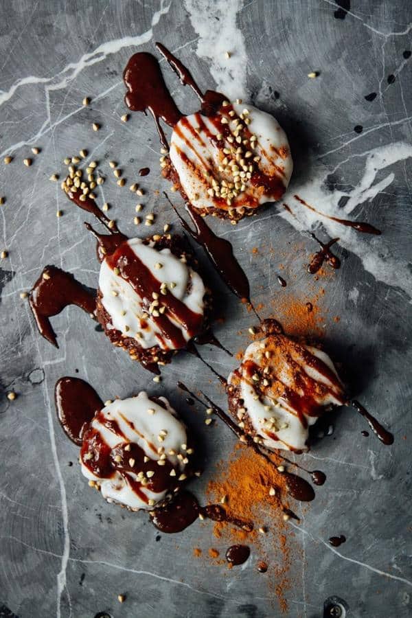 Banana Bread Cookies with Coconut Cream and Chocolate Sauce