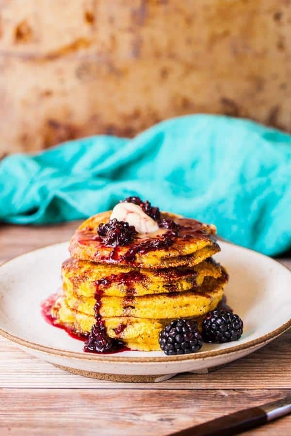 Buttermilk Cornbread Pancakes with Blackberry Syrup