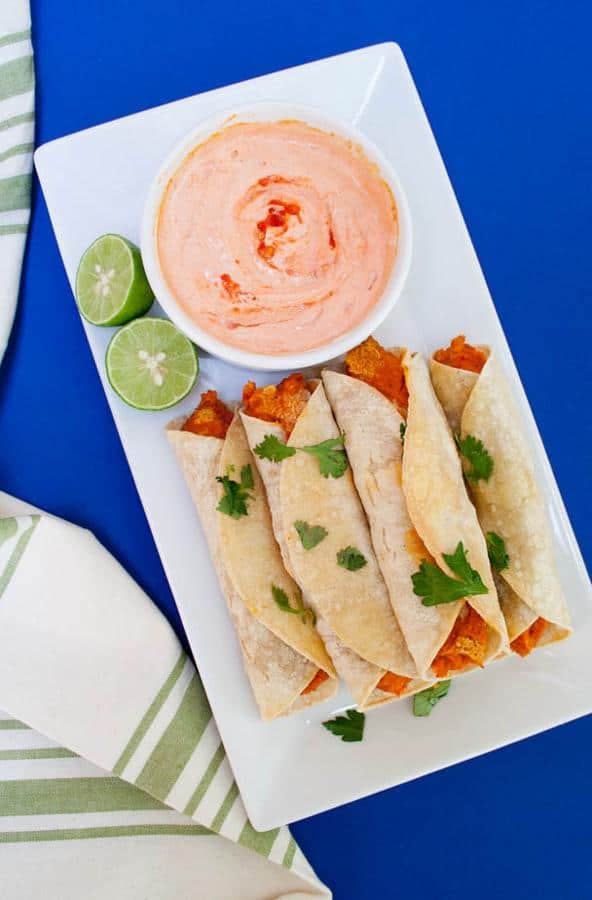 Chickpea and Roasted Red Pepper Taquitos with Harissa Cream