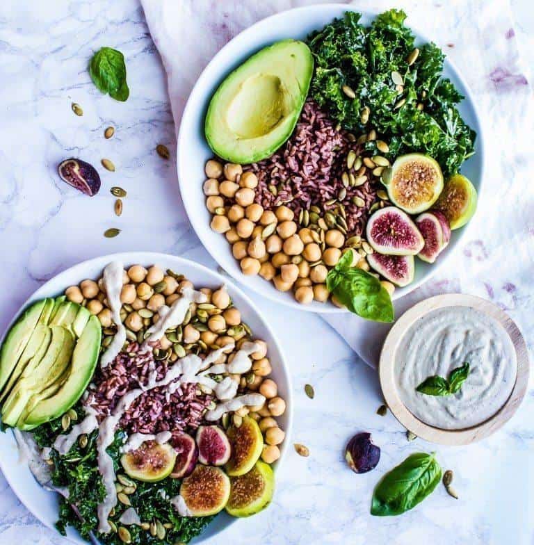 Fig, Kale and Pumpkin Seed Buddha Bowls with Basil Tahini Pesto Sauce