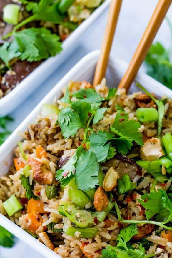 Fried Rice with Cashews and Portobello Steaks