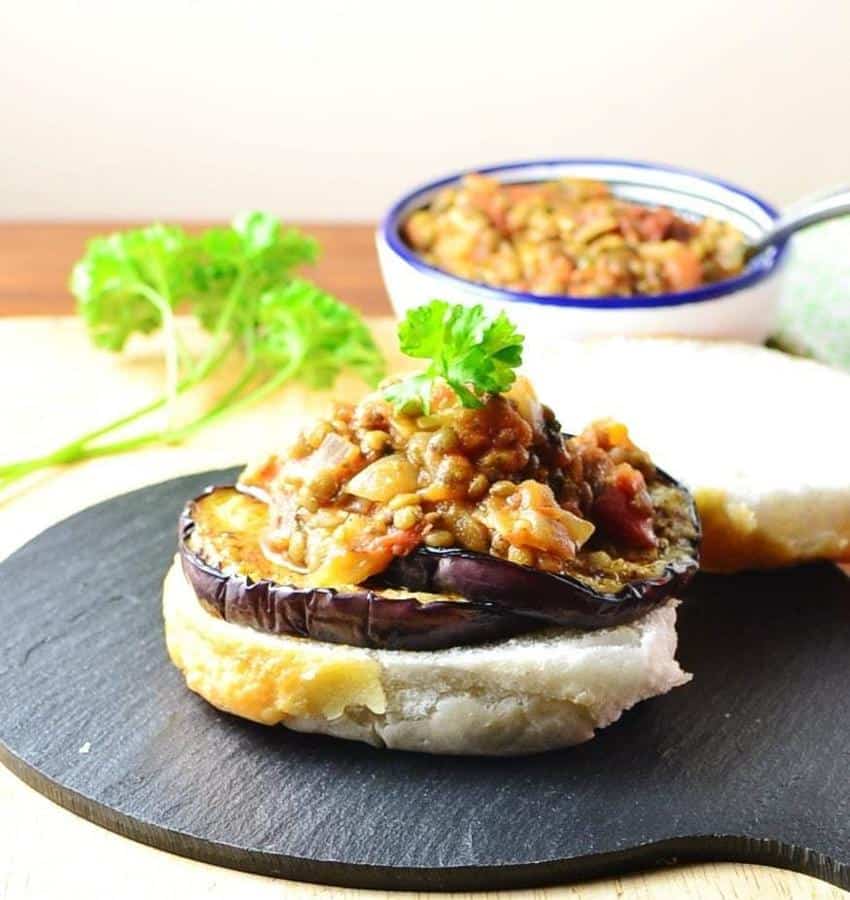Grilled Eggplant Sandwich with Puy Lentils