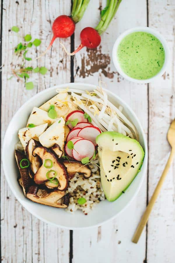 Healthy Buddha Bowl with Shiitake Mushrooms and Cilantro Tahini Dressing