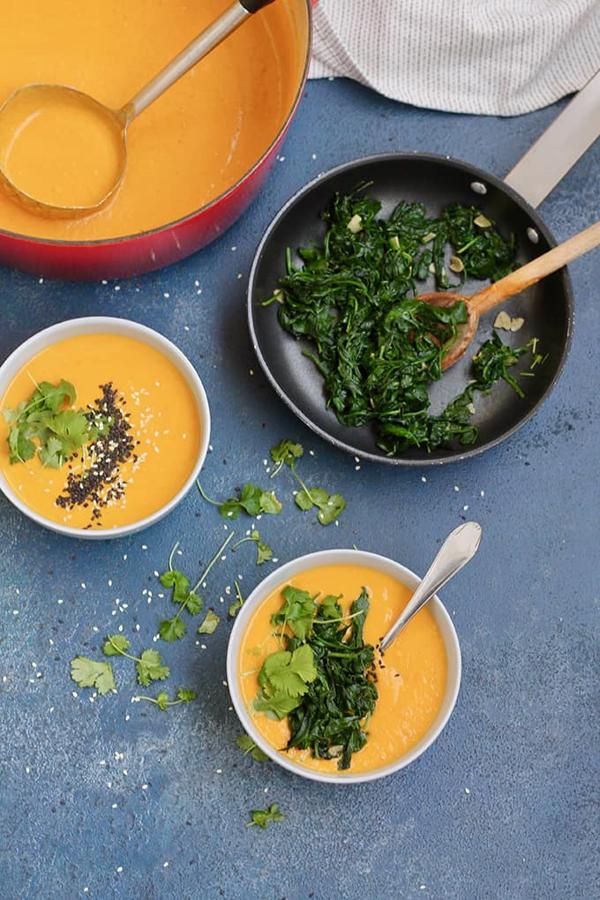 Instant Pot Carrot Soup with Garlicky Greens