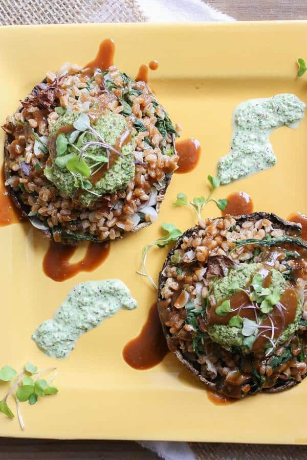 Italian Farro Stuffed Portobello Mushrooms with Pesto and Balsamic Sauce