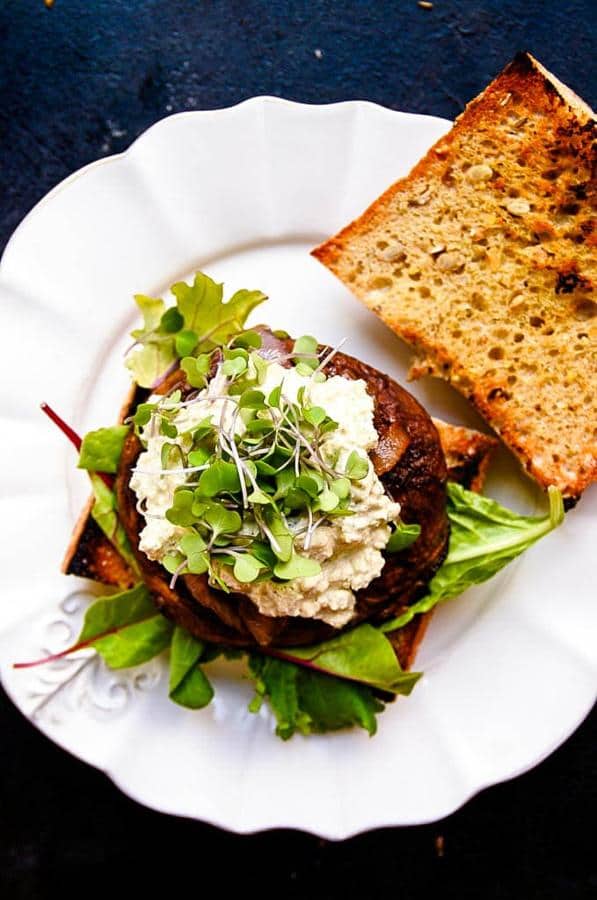 Juicy Portobello Burgers with Vegan Blue Cheese and Caramelized Onions