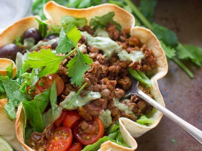 Lentil Walnut Taco Salad in a Crispy Tortilla Bowl