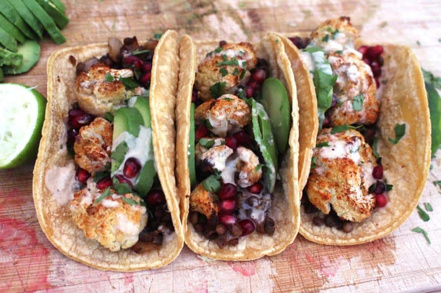 Mediterranean Roasted Cauliflower and Lentil Tacos with Lime Tahini (Gluten-Free)