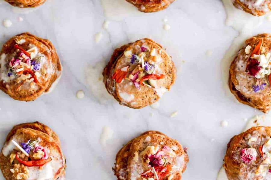 Mini Carrot Cake Pancakes with Maple Mascarpone and Edible Flowers