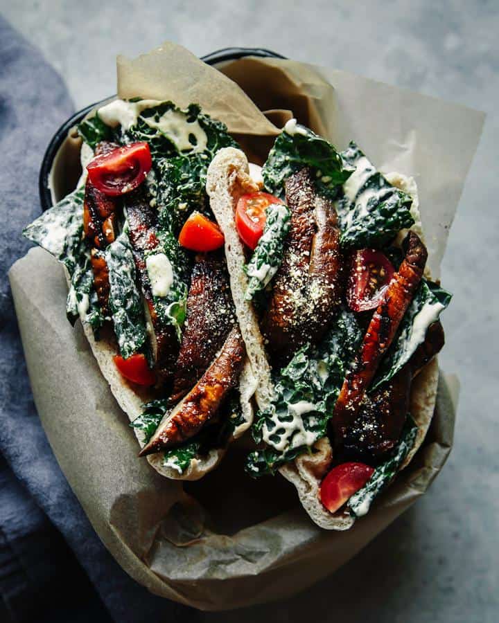 Miso Grilled Portobello and Kale Caesar Pitas