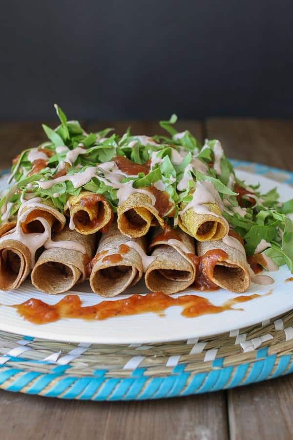 Nopales, Black Bean, and Potato Rolled Tacos with Smoky Taco Cream