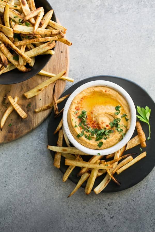 Parsnip Fries with Red Lentil Miso Hummus