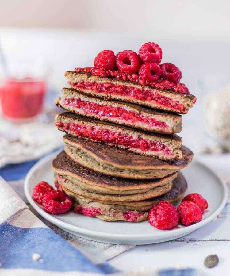 Raspberry Chia Jam Stuffed Pancakes (Gluten-Free)