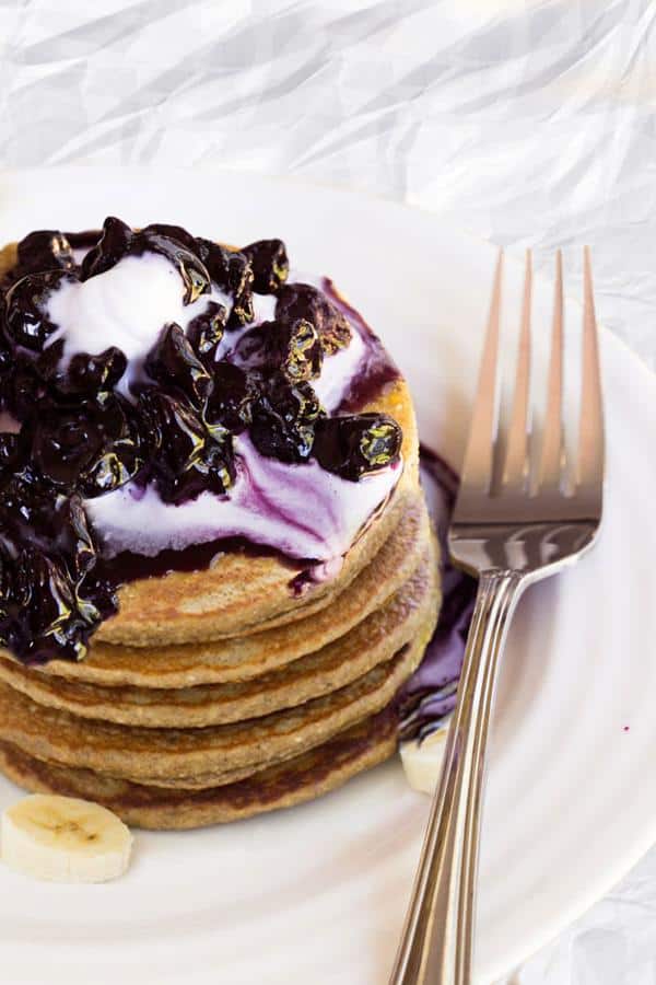 Raw Pancakes with Blueberry Sauce and Coconut Whipped Cream