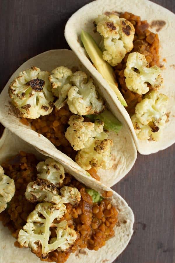 Roasted Cauliflower Tacos with Spicy Lentils, Golden Sultanas and Avocado