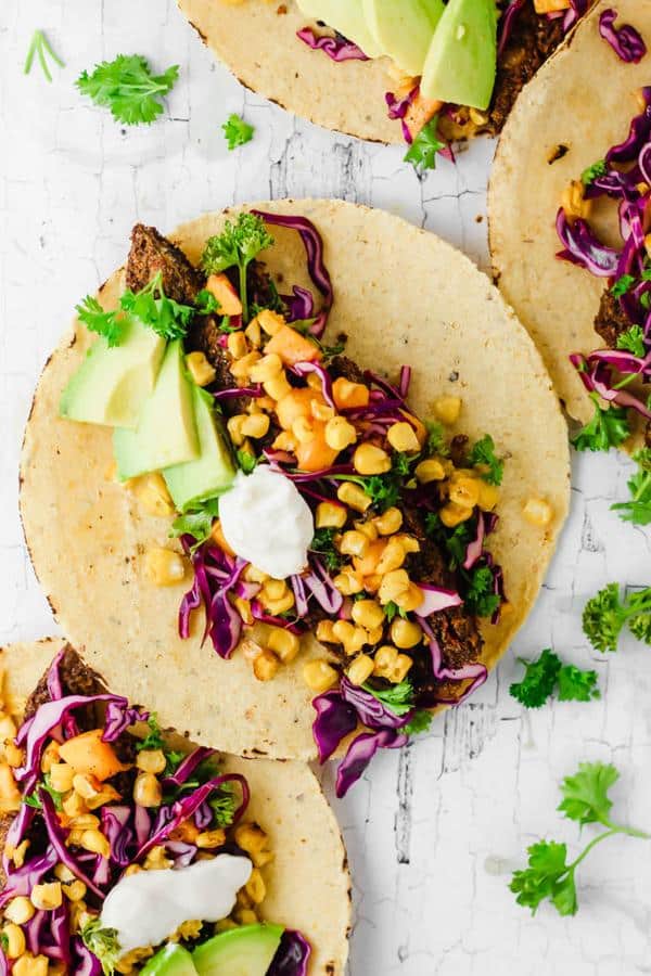 Roasted Corn Tacos with Mango Slaw