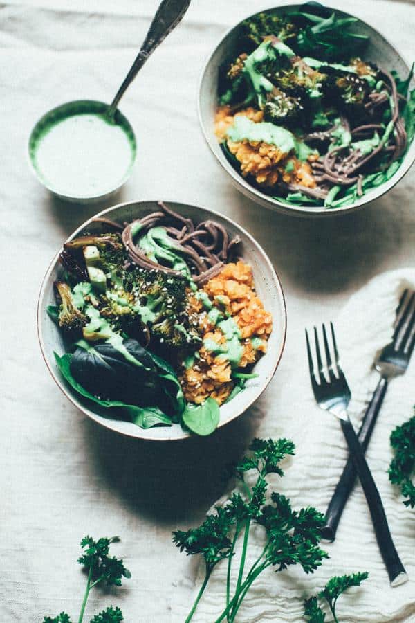 Roasted Tamari Broccoli Buddha Bowl with Soba, BBQ Red Lentils and Parsley Tahini Sauce