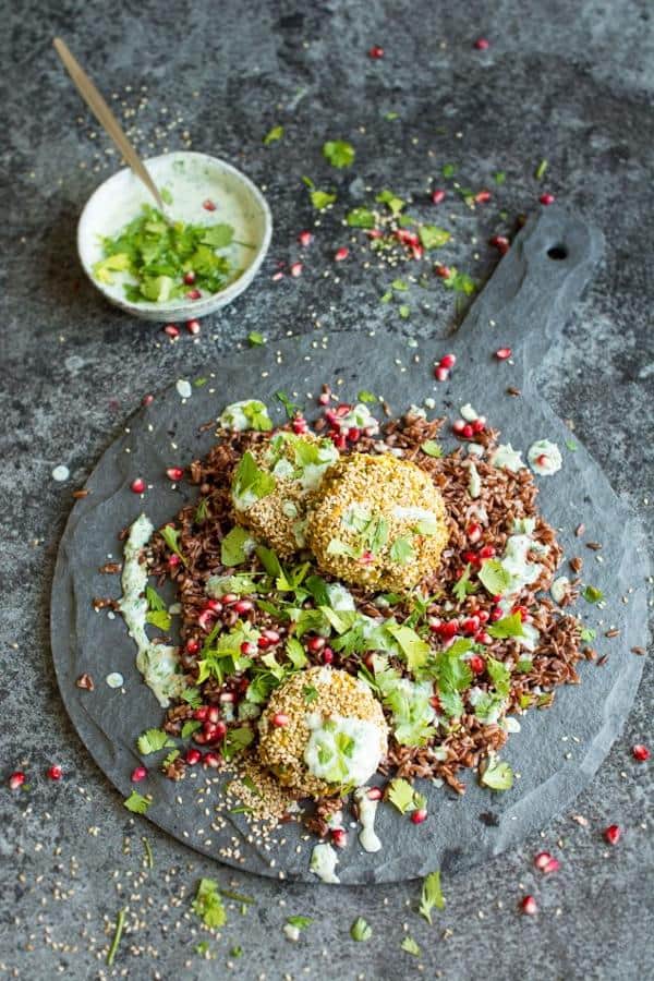 Spiced Chickpea Fritters with Wild Rice and Green Yoghurt Sauce