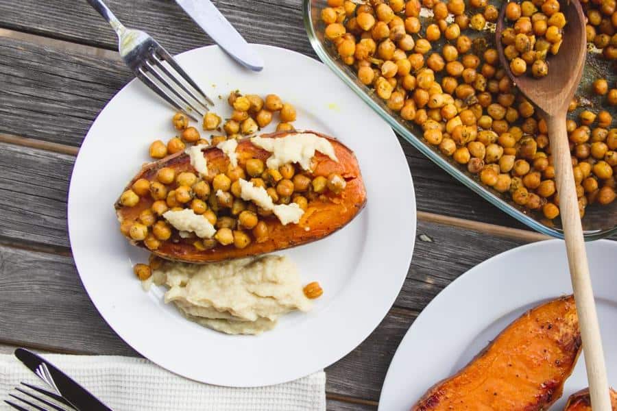 Sweet Potato Boats with Chickpeas and Cheesy Vegan Sauce