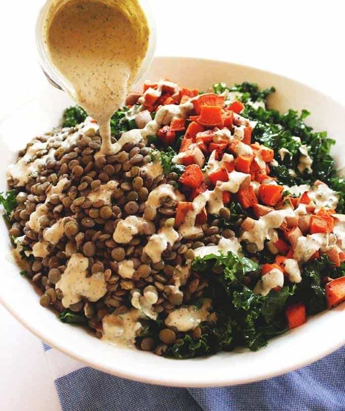 Warm Lentil and Sweet Potato Kale Salad