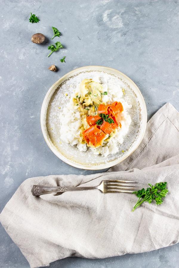 Vegan Cream Savoy Cabbage with Carrot Salmon and Rice