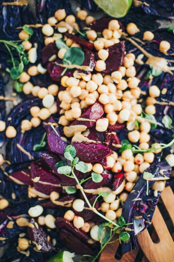 Warm Roasted Red Cabbage and Beet Salad with Chickpeas, Tamari and Lime