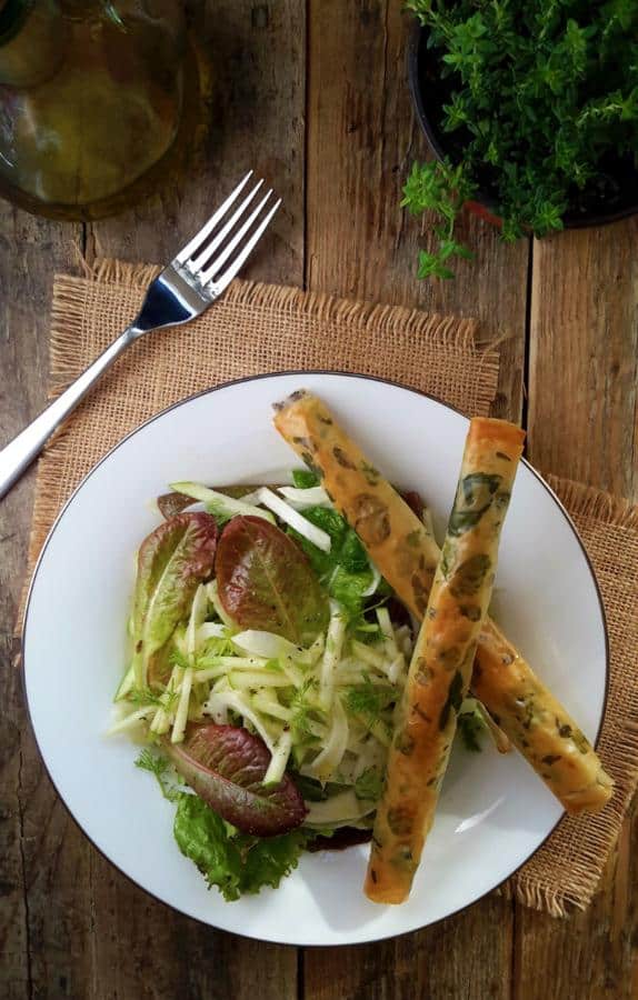 Apple and Fennel Salad With Phyllo Tapenade Cigars