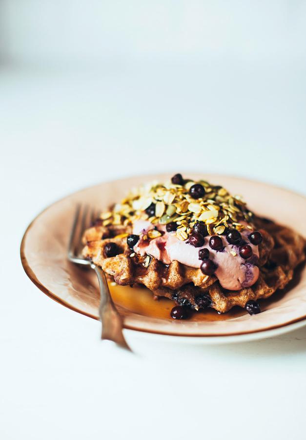 Blueberry Spelt Waffles with Rhubarb Cashew Cream & Turmeric Granola