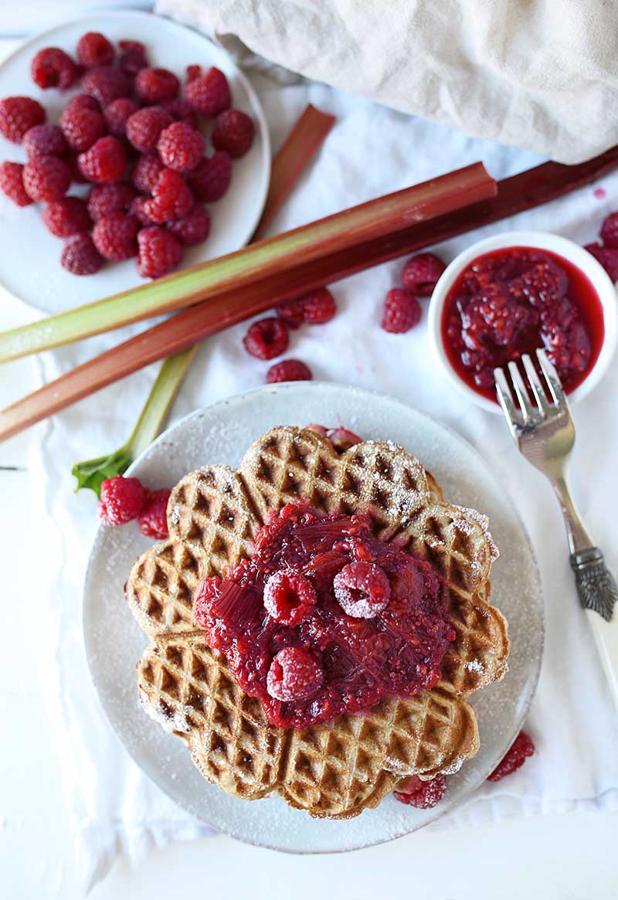 Buckwheat Waffles with a Rhubarb-Raspberry Compote