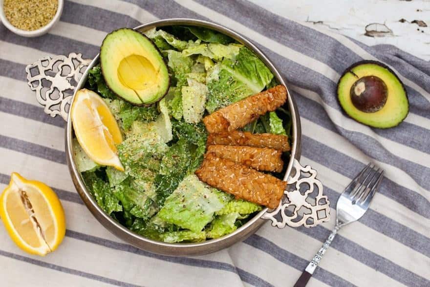 Caesar Salad with Tempeh Bacon and Hemp Seed Parmesan