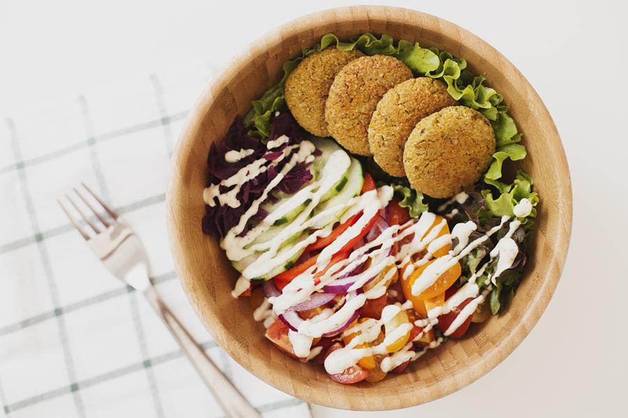 Carrot and Lemon Baked Falafel Salad Bowl with Lemon and Tahini Dressing