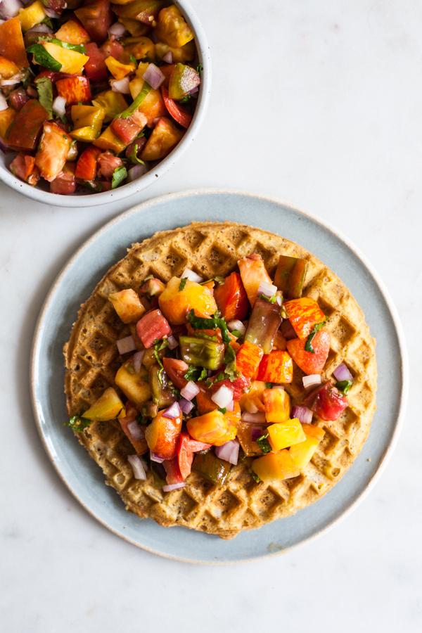 Crispy Cornmeal Waffles with Heirloom Tomato Peach Salsa