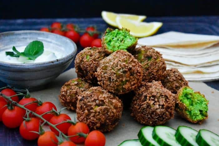 Green Edamame and Pea Falafel with a Yoghurt, Cucumber and Mint Dip