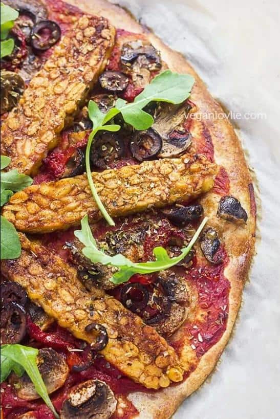 Harissa Tempeh Pizza with No-Knead Dough