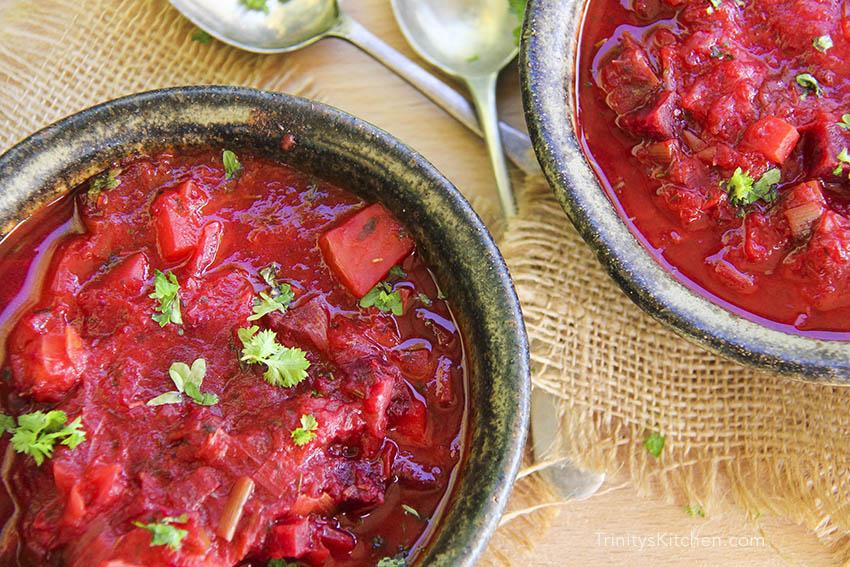 Leek and Beetroot English Winter Soup Recipe with Garden Herbs