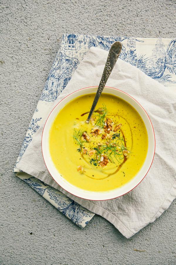 Leek, Fennel, Apple and Walnut Soup with Turmeric