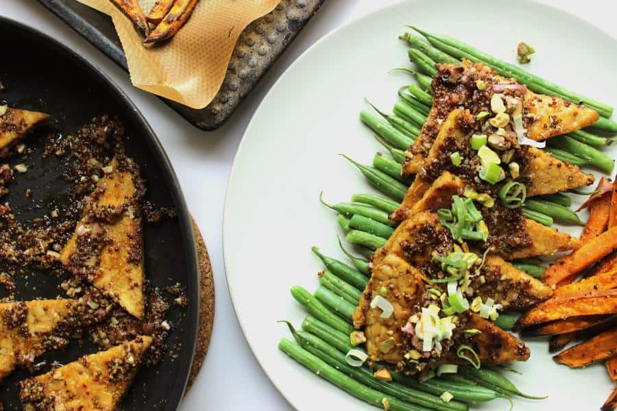 Maple and Mustard Glazed Tempeh with Crunchy Pistachios and Scallions