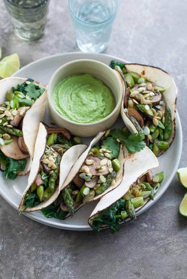 Mushroom Asparagus Tacos with Jalapeno Cashew Crema